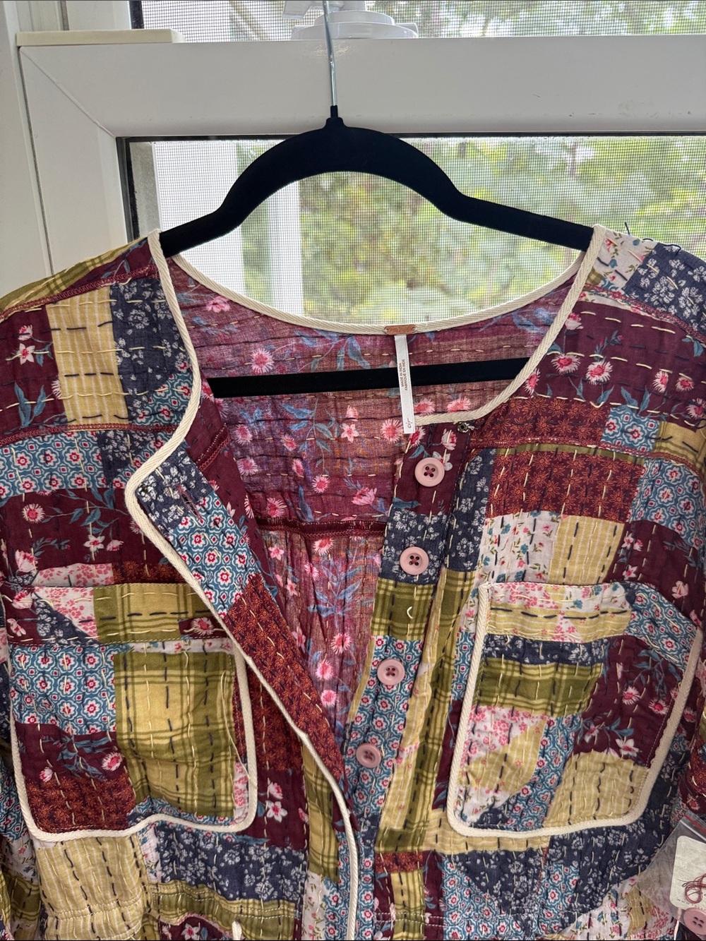 Free People Quilted Kantha Patchwork Jumpsuit Romper in Burgundy Multi Sz. LG - Picture 2 of 8